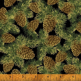 D40274M3 Christmas Tidings - Pine Cones on Black (per Metre)