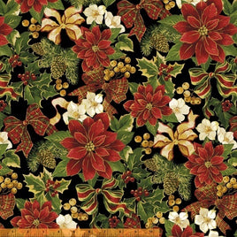 D40272M2 Christmas Tidings - Poinsetta on Black (per Metre)