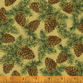 D40274M4 Christmas Tidings - Pine Cones on Gold (per Metre)