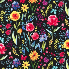 MM7357C  Garden Party Meadow Menagerie Black (per metre)