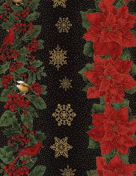 TT4278B Holiday Poinsettia & Birds Border Black & Gold Metallic (per metre)