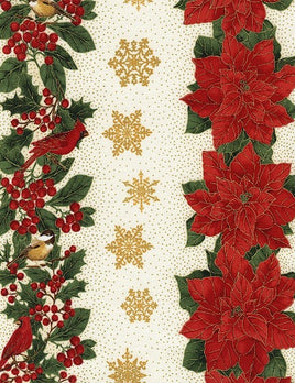 TT4278A Holiday Poinsettia & Birds Border Cream & Gold Metallic (per metre)